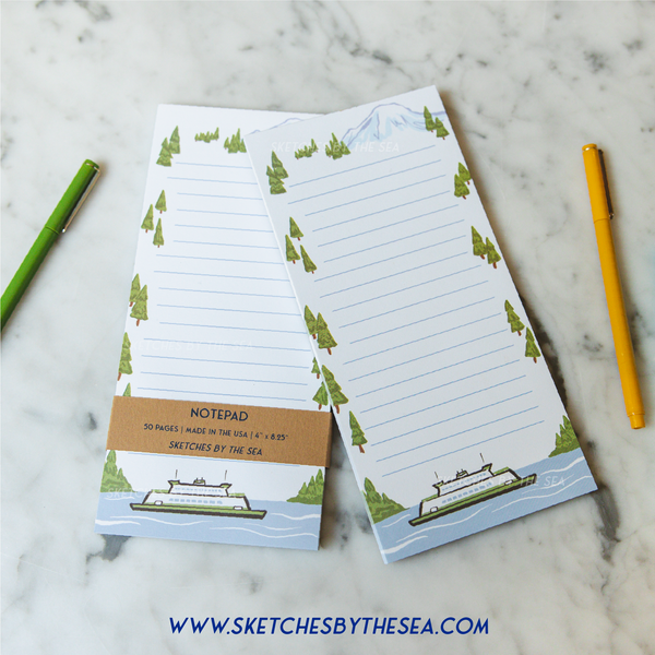 Ferry & Mountain Notepad. Adorable PNW Stationery