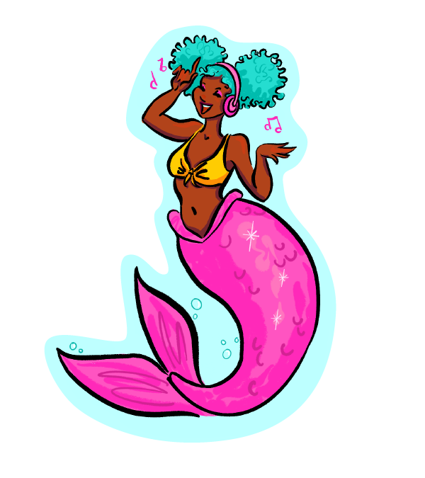 Dancing Black Mermaid with Headphones and Turquoise Puffs ST858