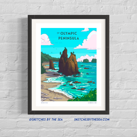 Olympic Peninsula Poster, Retro Style Travel Art Print
