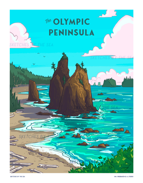 Olympic Peninsula Poster, Retro Style Travel Art Print
