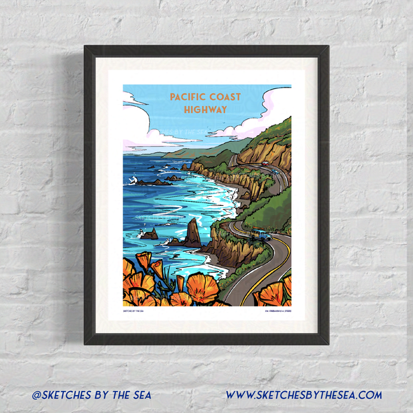 Pacific Coast Highway Travel Poster, Retro Inspired – Sketches By