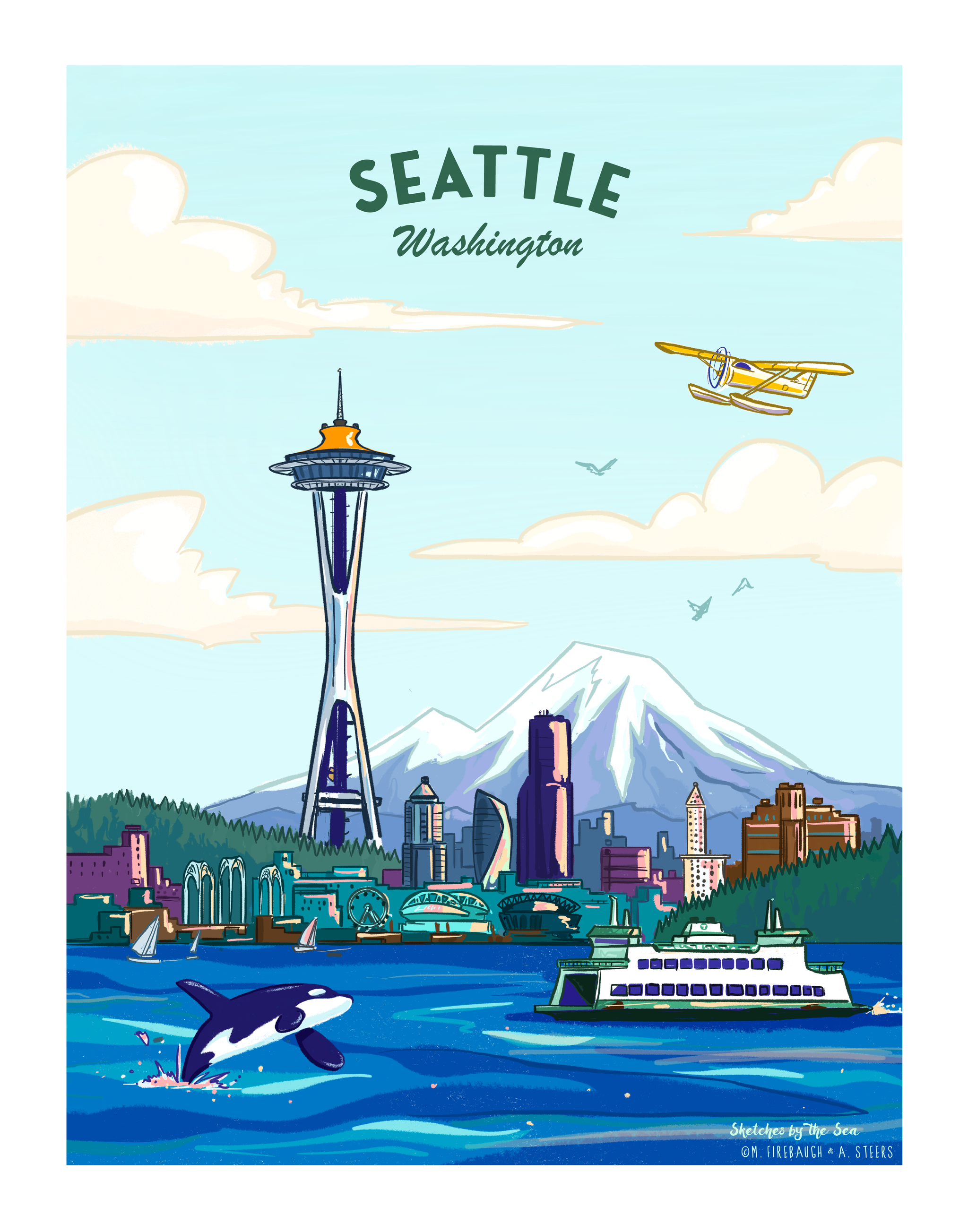 Seattle Travel Poster, Retro Inspired Art – Sketches By The Sea